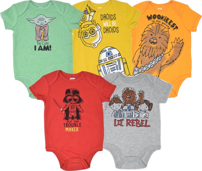 STAR WARS Baby Boys 5 Pack Bodysuits Princess Leia Yoda Han Solo R2D2 C3PO 0-3 Months - Image 1