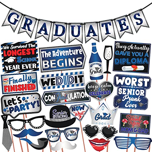 WOBBOX Graduation Photo Booth Props with Graduate Bunting Banner, Blue & Grey Gradient, Graduation Party Decoration, Cardstock Material, Combo Item Type, Medium - Image 1