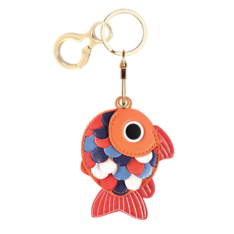 BORKUANA Leather Keychain Holder Case Compatible with AirTag,Cute Protective Cover with Keyring,Anti-Scratch Finder GPS Tracker Case for Wallet Keys,Bag,Pets(Goldfish C) - Image 1