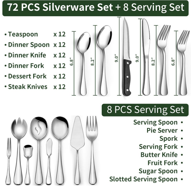 CEKEE 80 Pieces Silverware Set with Serving Utensils Set, CEKEE Stainless Steel Flatware Set for 12 with Steak Knives, Heavy Duty Cutlery Set, Kitchen Utensil Sets for Home Restaurant, Dishwasher Safe - Image 2