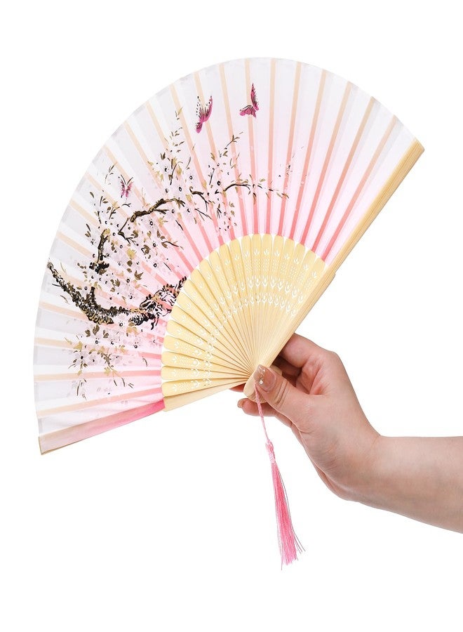 AVLA 8 Pack Folding Fans, Silk Fabric Bamboo Handheld Fans with Tassel, Floral Blossom Hand Holding Fans for Women, Wedding, Dancing Party, Gift, Cosplay, Wall Decoration, Chinese Vintage Retro Style - Image 5