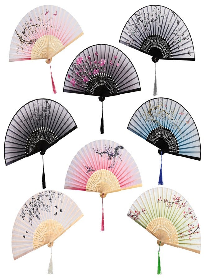 AVLA 8 Pack Folding Fans, Silk Fabric Bamboo Handheld Fans with Tassel, Floral Blossom Hand Holding Fans for Women, Wedding, Dancing Party, Gift, Cosplay, Wall Decoration, Chinese Vintage Retro Style - Image 1