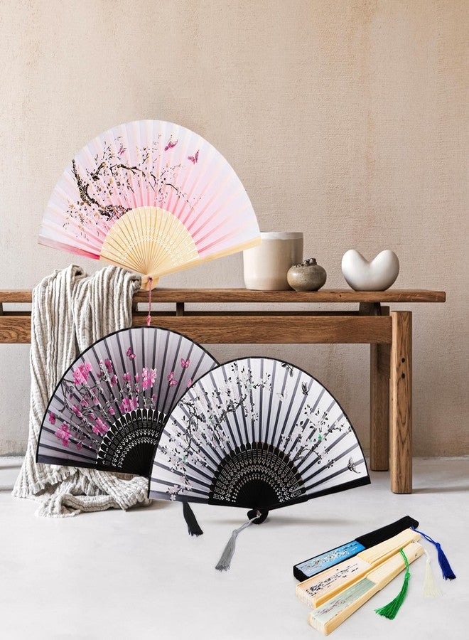AVLA 8 Pack Folding Fans, Silk Fabric Bamboo Handheld Fans with Tassel, Floral Blossom Hand Holding Fans for Women, Wedding, Dancing Party, Gift, Cosplay, Wall Decoration, Chinese Vintage Retro Style - Image 3