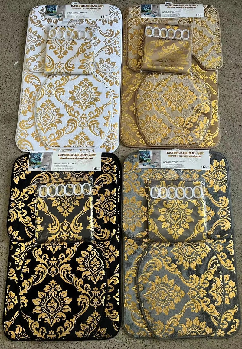 Y&D Polyester Gold Stamping Printed Bath Mats Toilet Bathroom Lid Shower Curtain Sets Two Three Four Sets Sponge Floor Mat - Image 5