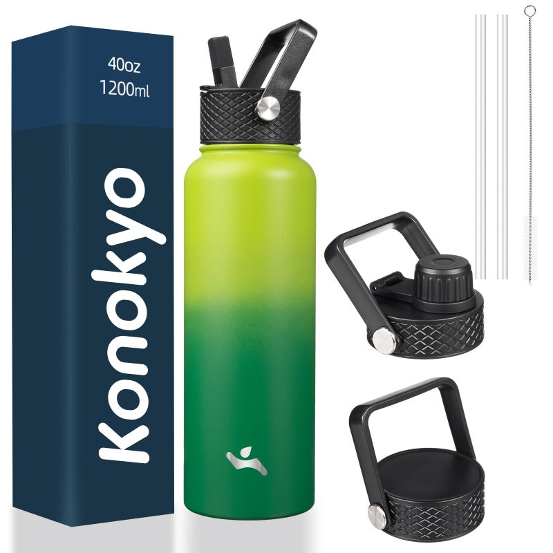 Konokyo 40oz Insulated Water Bottle Stainless Steel Sport Bottles with 3 LidsBamboo Grove