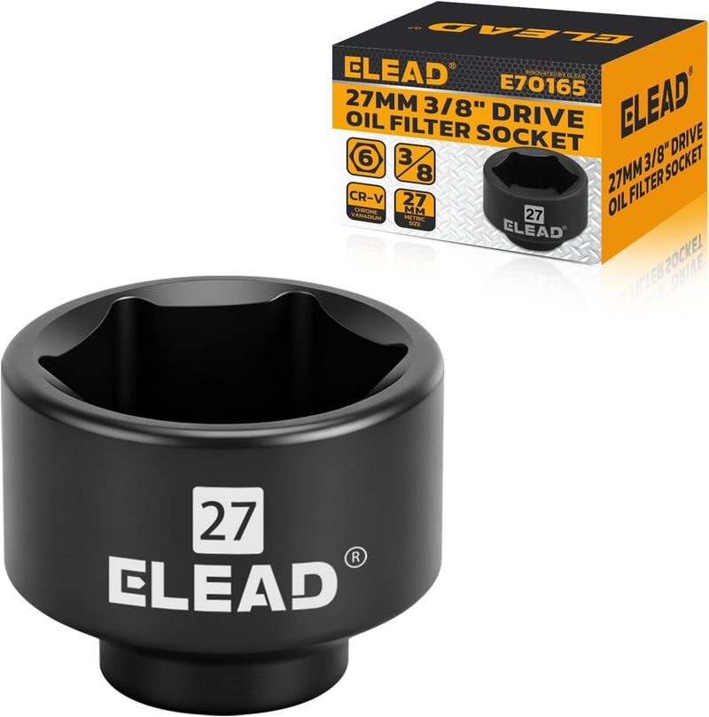 ELEAD مفتاح فتحة مرشح الزيت بمقبض 3/8 بوصة، مفاتيح مرشح الزيت المترية 27 ملم، فتحة إزالة مرشح الزيت 6 نقاط، تصميم منخفض الارتفاع للإزالة السهلة، أداة تغيير الزيت من فولاذ الكروم فاناديوم - Image 1