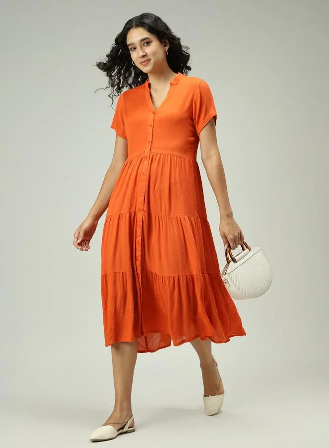 Orange Button Down Tiered Midi Dress