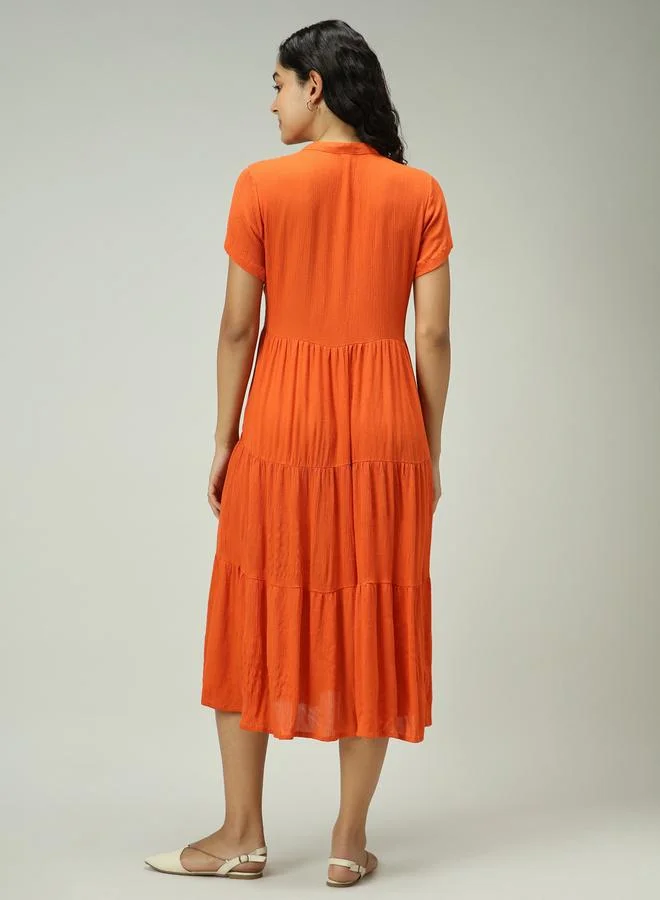 OUTZIDR Orange Button Down Tiered Midi Dress for Women | Best Price Oman
