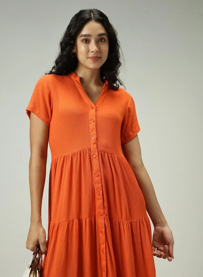 Outzidr  Orange Button Down Tiered Midi Dress for Women | Best Price UAE