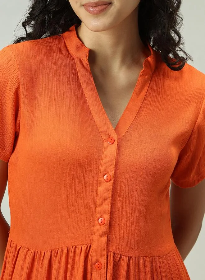 OUTZIDR Orange Button Down Tiered Midi Dress