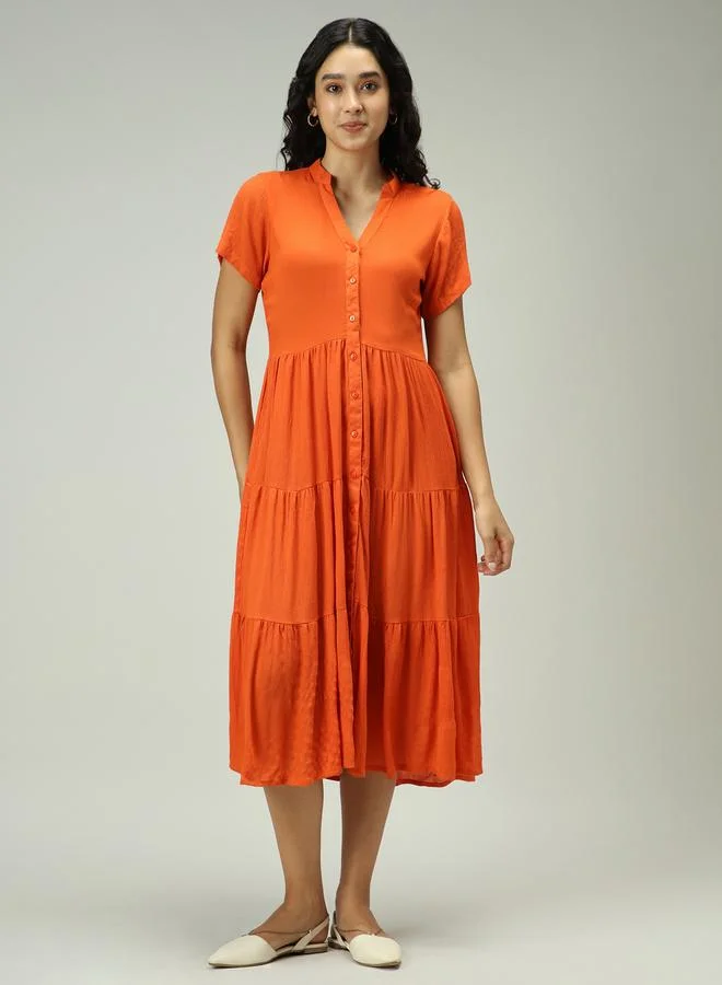 Outzidr  Orange Button Down Tiered Midi Dress for Women | Best Price UAE