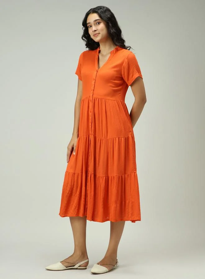 Outzidr  Orange Button Down Tiered Midi Dress for Women | Best Price UAE