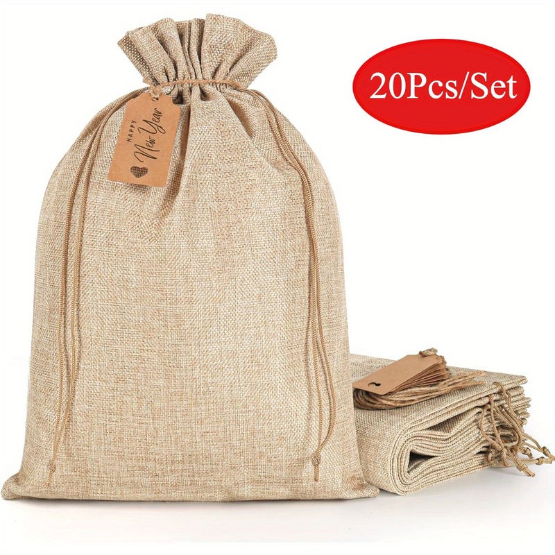 20 حقيبة من الجوت الكتاني البيج مقاس 12 × 16 بوصة مع رباط للتغليف الهدايا - Image 1
