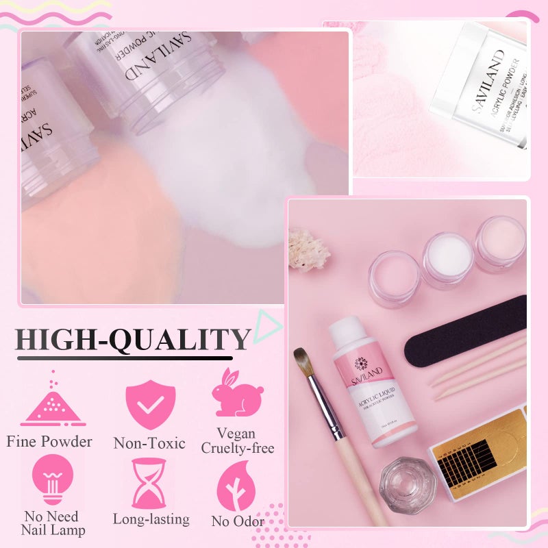 Saviland Acrylic Nail Starter Kit: Clear Pink Nude Acrylic Powder & Liquid, Brush, Files, Forms, Press On Nails, Home Practice Set - Image 5