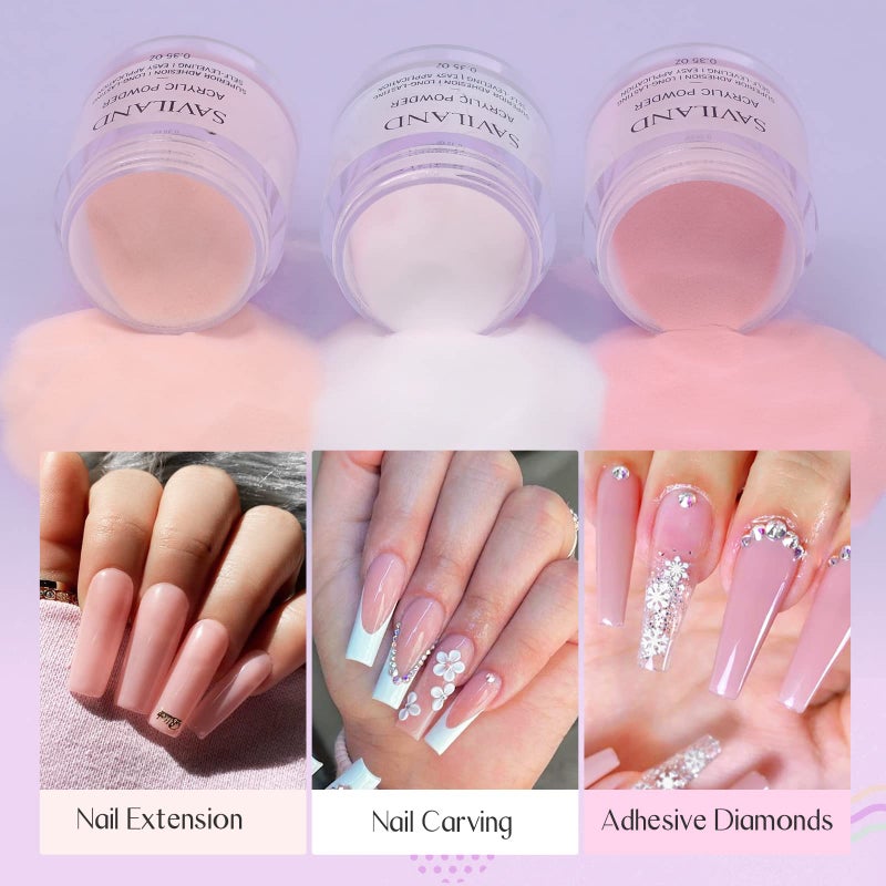Saviland Acrylic Nail Starter Kit: Clear Pink Nude Acrylic Powder & Liquid, Brush, Files, Forms, Press On Nails, Home Practice Set - Image 3