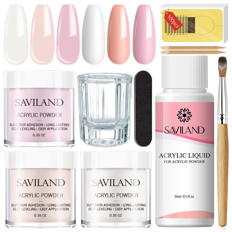 Saviland Acrylic Nail Starter Kit: Clear Pink Nude Acrylic Powder & Liquid, Brush, Files, Forms, Press On Nails, Home Practice Set - Image 1