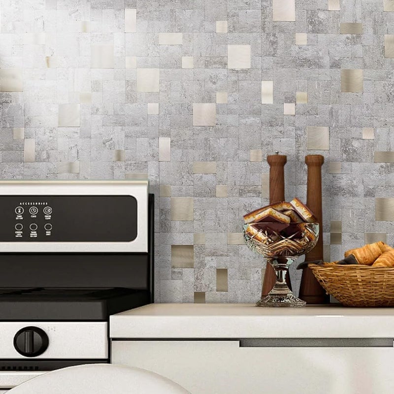 DICOFUN 1 Sheet Beige Stone Peel and Stick Tile Backsplash, Mixed Metal Silver Chips Kitchen and Bathroom Tiles, Stick on Backsplash for Stove - Image 4