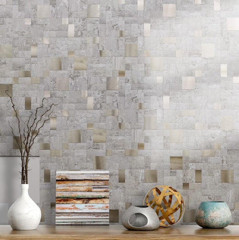 DICOFUN 1 Sheet Beige Stone Peel and Stick Tile Backsplash, Mixed Metal Silver Chips Kitchen and Bathroom Tiles, Stick on Backsplash for Stove - Image 2