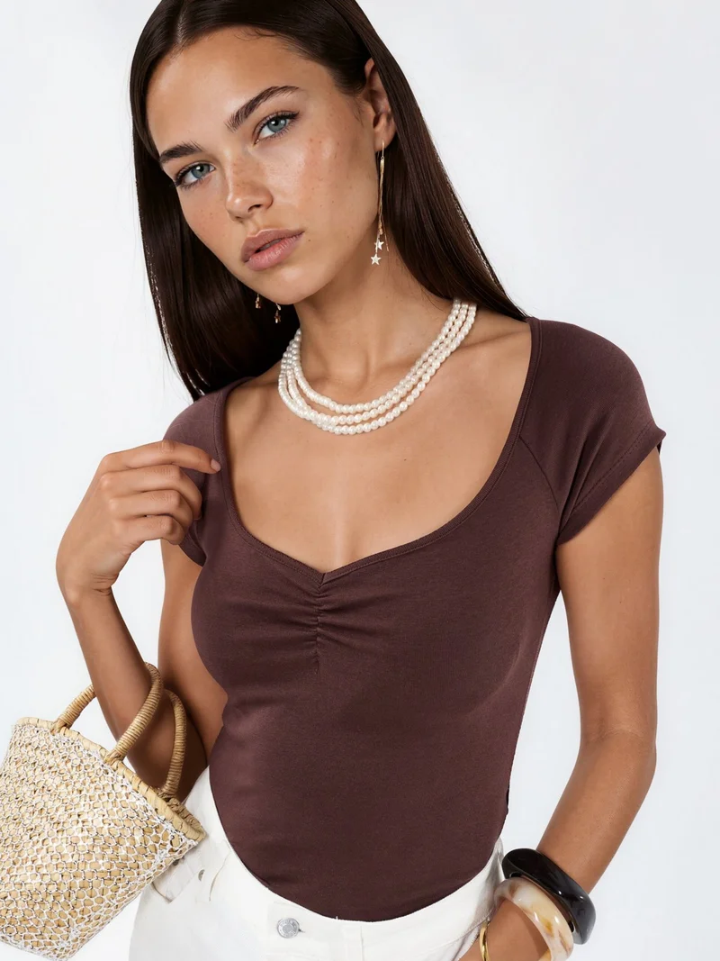 بوسيم BUSEM V-Neck Short Sleeve Drape Blouse