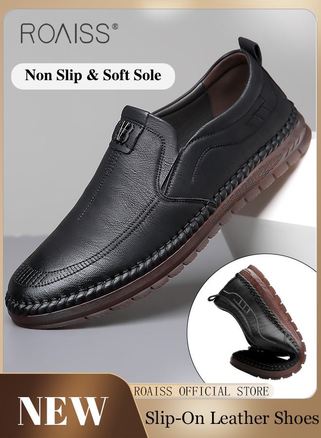 roaiss Men Leather Shoes, Low Top Slip on Shoes with Non Slip Sole, Stylish Casual Shoes for Men, Simple Classic Business Shoes, Suitable for Daily Wear, Business, Wedding and Outdoor Activities Black - Image 2