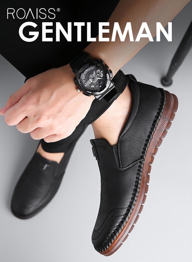roaiss Men Leather Shoes, Low Top Slip on Shoes with Non Slip Sole, Stylish Casual Shoes for Men, Simple Classic Business Shoes, Suitable for Daily Wear, Business, Wedding and Outdoor Activities Black - Image 1
