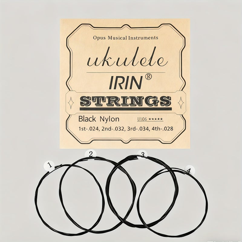 IRIN U106 Ukulele Strings, Black Nylon, 4 Strings with Serial Numbers, Packaged in a Durable Cardboard Box, Offering Excellent Sound Quality - Image 1