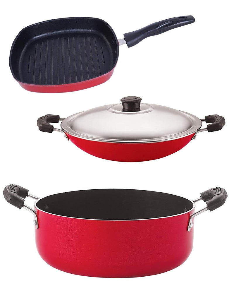 Nirlon Nirlon NonStick Aluminium Cookware Set 3Pieces Red AC_GP245_CS24  - Image 1