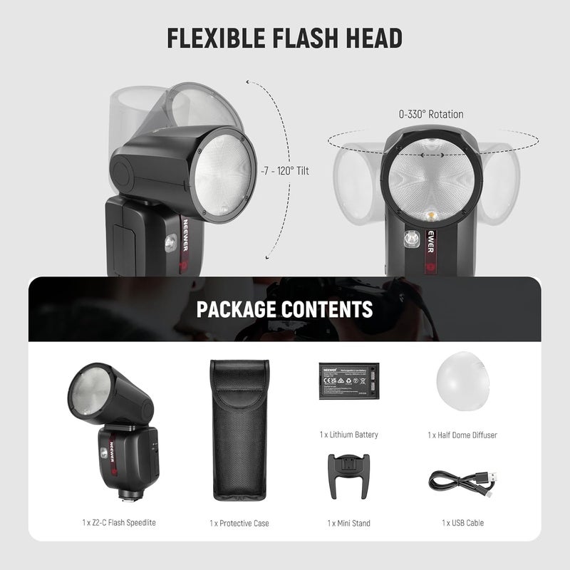 Neewer NEEWER Z2-C TTL Round Head Flash Speedlite for Canon 76Ws 2.4G HSS 1-8000s with 3000mAh Battery Diffuser Modeling Lamps Upgraded UI - Image 5