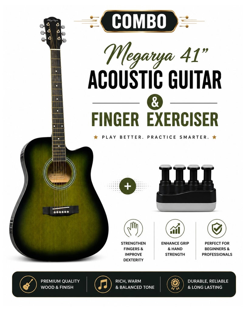 41" Acoustic Guitar + Finger Exerciser Combo Pack | Olive Green Cutaway Guitar | Beginner Guitar Starter Kit | Hand Grip Strength Trainer | Professional Practice Instrument