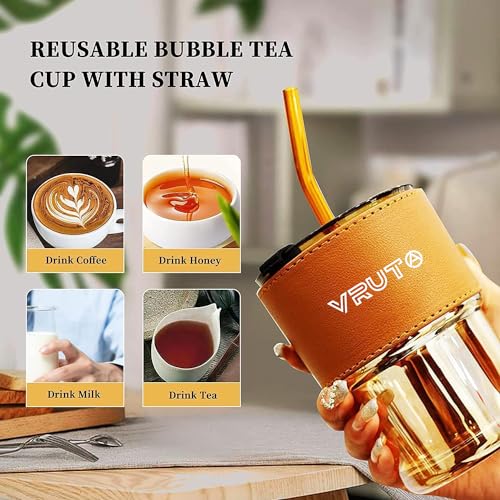 Vruta Leather Grip Coffee Cup Tumbler with Lid and Silicon Straw Coffee Mug Tea Cup Travel Mug, Glass Coffee Mugs for Dual Use for Kids Coffee Mug Fruit Juice Travel Mug (Pack of 1) - Image 3