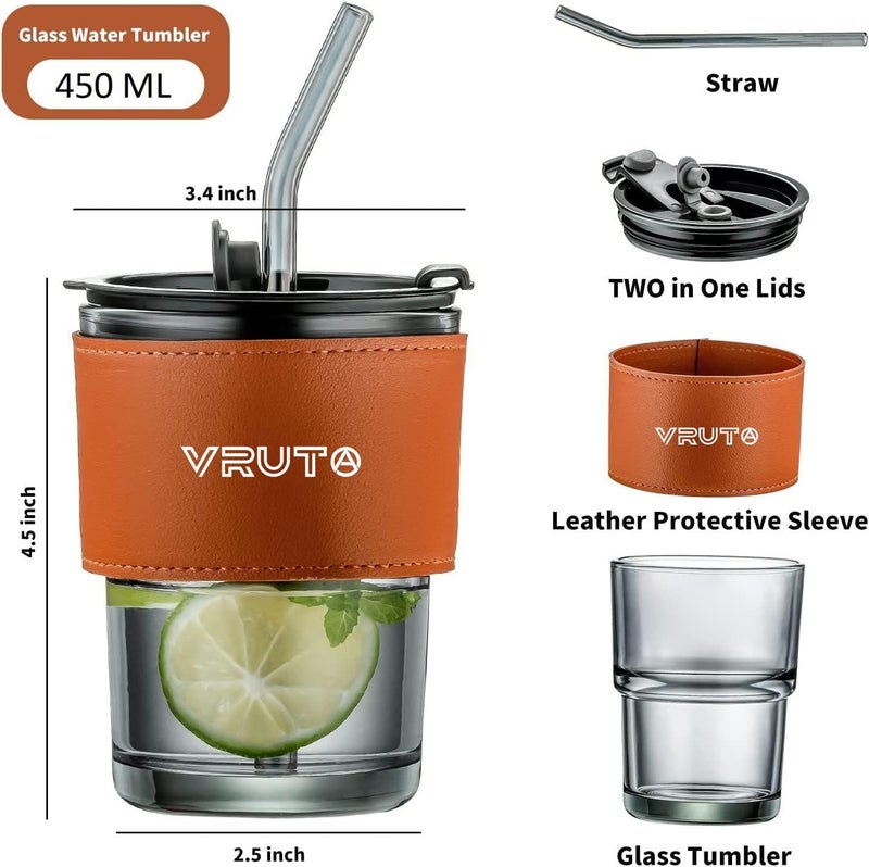 Vruta Leather Grip Coffee Cup Tumbler with Lid and Silicon Straw Coffee Mug Tea Cup Travel Mug, Glass Coffee Mugs for Dual Use for Kids Coffee Mug Fruit Juice Travel Mug (Pack of 1) - Image 4