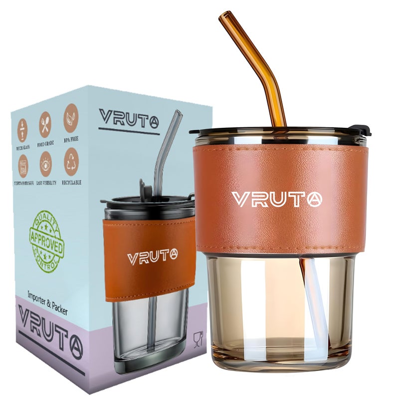 Vruta Leather Grip Coffee Cup Tumbler with Lid and Silicon Straw Coffee Mug Tea Cup Travel Mug, Glass Coffee Mugs for Dual Use for Kids Coffee Mug Fruit Juice Travel Mug (Pack of 1) - Image 1