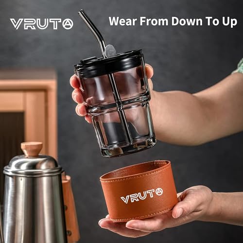 Vruta Leather Grip Coffee Cup Tumbler with Lid and Silicon Straw Coffee Mug Tea Cup Travel Mug, Glass Coffee Mugs for Dual Use for Kids Coffee Mug Fruit Juice Travel Mug (Pack of 1) - Image 2