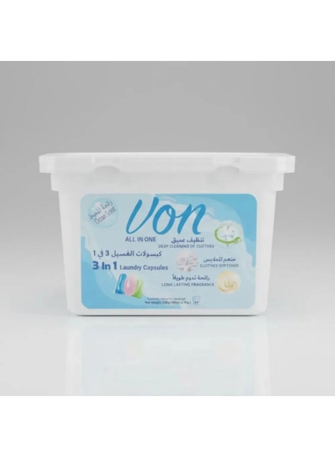 Von 3 in 1 Laundry Capsules With Long Lasting Ocean Scent- 225gms