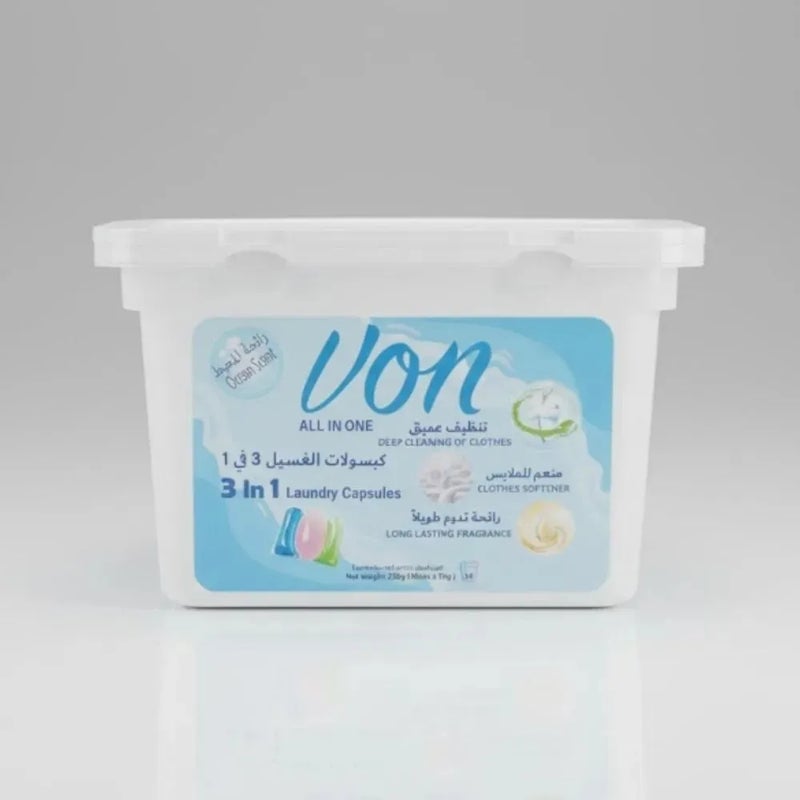 Von 3 in 1 Laundry Capsules With Long Lasting Ocean Scent- 225gms