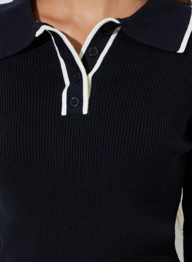 Styli Textured Ribbed Long Sleeve Polo Top - Image 3