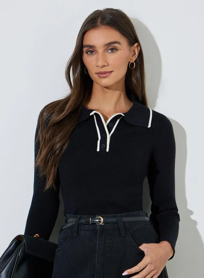 Textured Ribbed Long Sleeve Polo Top