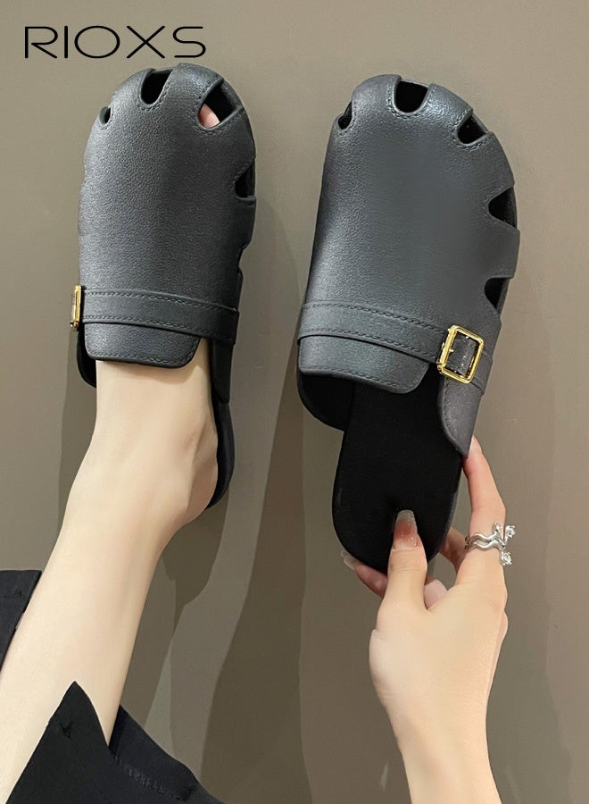 RIOXS Women's Flat Mules, Classic Sandals with Rounded Toe and Buckle Detail, Fashionable Comfortable Slippers, Slip-On Backless Mule Shoes, Fashionable Mule Slides with Flexible Non-slip Sole, Easy to Wear On and Off - Image 1