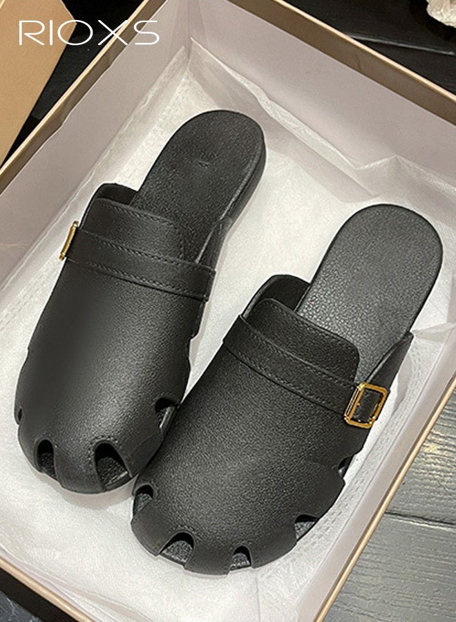 RIOXS Women's Flat Mules, Classic Sandals with Rounded Toe and Buckle Detail, Fashionable Comfortable Slippers, Slip-On Backless Mule Shoes, Fashionable Mule Slides with Flexible Non-slip Sole, Easy to Wear On and Off - Image 4