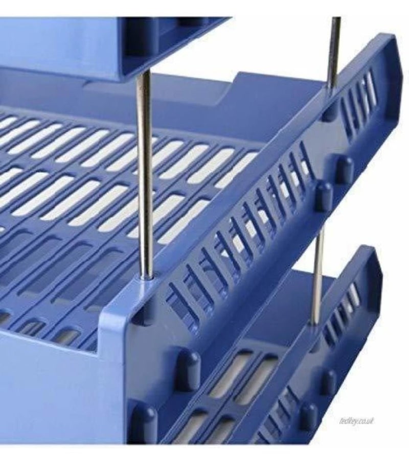 3 Layer Foldable File Rack | ABS Plastic Office Desk Organizer Tray | Files & Paper Storage Divider Shelf for Office & Home | Tiered Document Holder (Black, Blue, White) (1, BLUE)