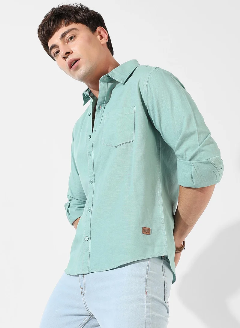Campus Sutra Men's Solid Aqua Green Regular Fit Casual Shirt