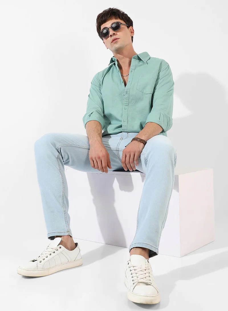 Campus Sutra Men's Solid Aqua Green Regular Fit Casual Shirt