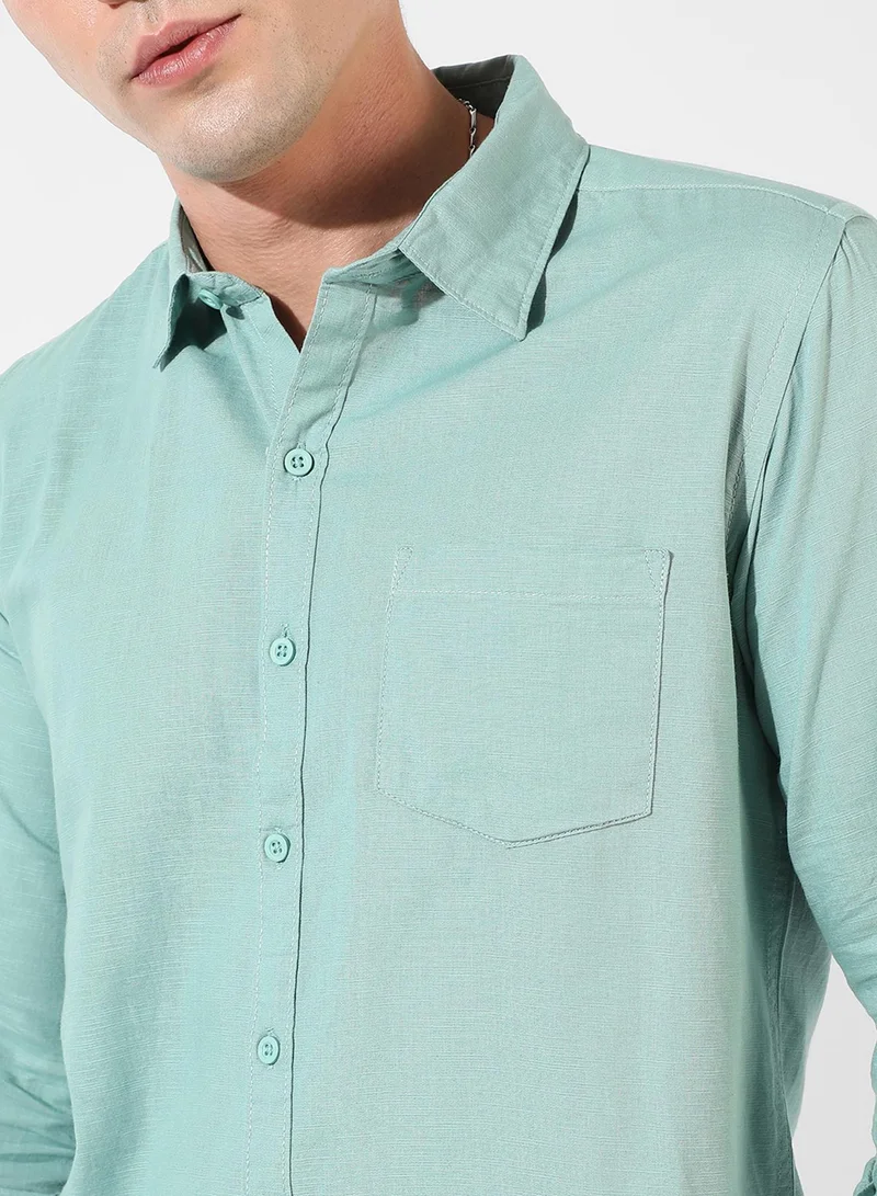 Campus Sutra Men's Solid Aqua Green Regular Fit Casual Shirt