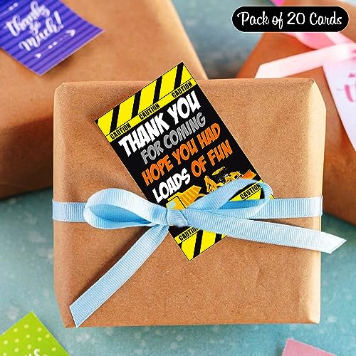 Balloonistics Construction Theme Thank You Cards for Kids Birthday – Pack of 20 Small Return Gift Tags – Premium Cardstock Under Construction Note Cards for Digging & Building Party Favors - Image 3