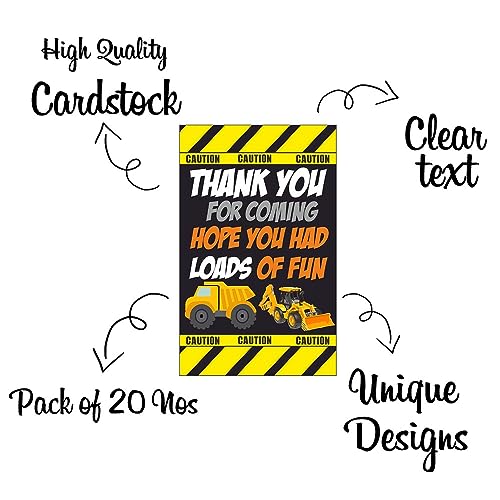 Balloonistics Construction Theme Thank You Cards for Kids Birthday – Pack of 20 Small Return Gift Tags – Premium Cardstock Under Construction Note Cards for Digging & Building Party Favors - Image 5