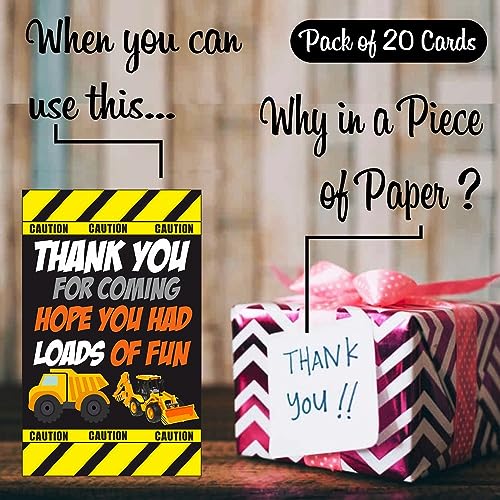 Balloonistics Construction Theme Thank You Cards for Kids Birthday – Pack of 20 Small Return Gift Tags – Premium Cardstock Under Construction Note Cards for Digging & Building Party Favors - Image 2