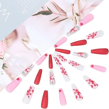 Brishow Coffin Long False Nails Heart Press on Nails Rhinestone Stick on Nails Ballerina Acrylic Fake Nails 24pcs for Women and Girls - Image 2