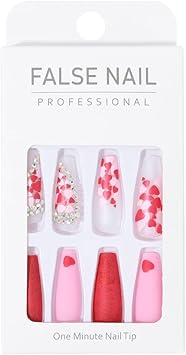 Brishow Coffin Long False Nails Heart Press on Nails Rhinestone Stick on Nails Ballerina Acrylic Fake Nails 24pcs for Women and Girls - Image 3
