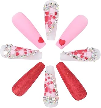 Brishow Coffin Long False Nails Heart Press on Nails Rhinestone Stick on Nails Ballerina Acrylic Fake Nails 24pcs for Women and Girls - Image 5