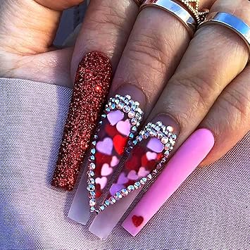 Brishow Coffin Long False Nails Heart Press on Nails Rhinestone Stick on Nails Ballerina Acrylic Fake Nails 24pcs for Women and Girls - Image 1